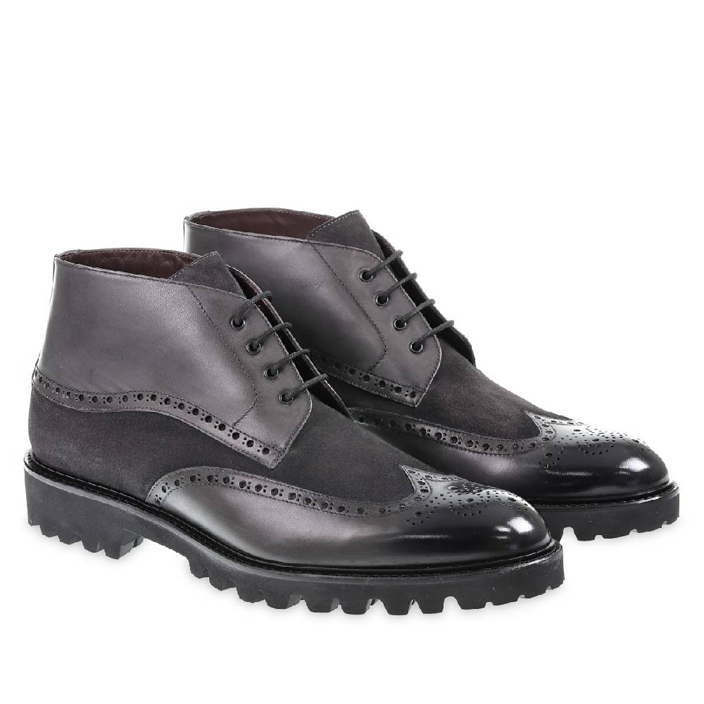 Lartigiano Del Cuoio Stivaletto con le bucature in stile country in pelle e camoscio grigio scuro - Fratelli Borgioli