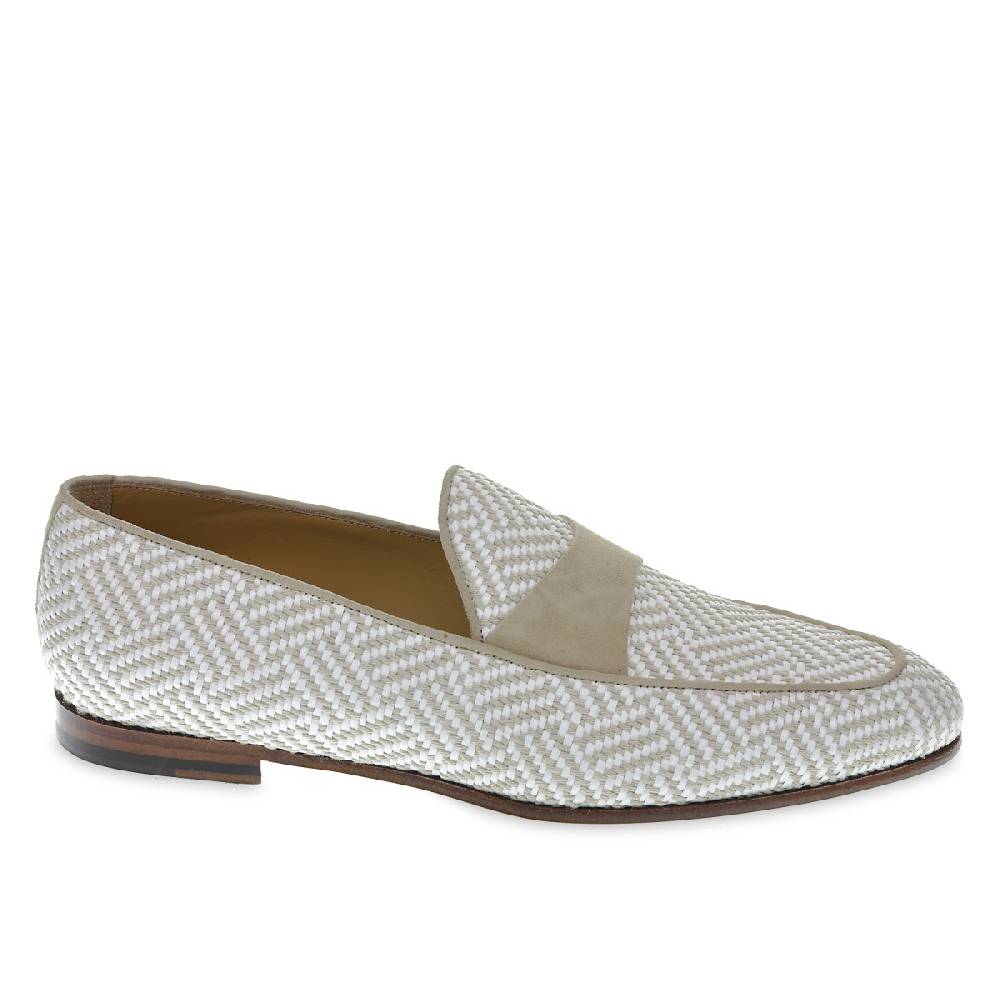 Lartigiano Del Cuoio Mocassino penny in camoscio e tessuto intrecciato bianco e beige