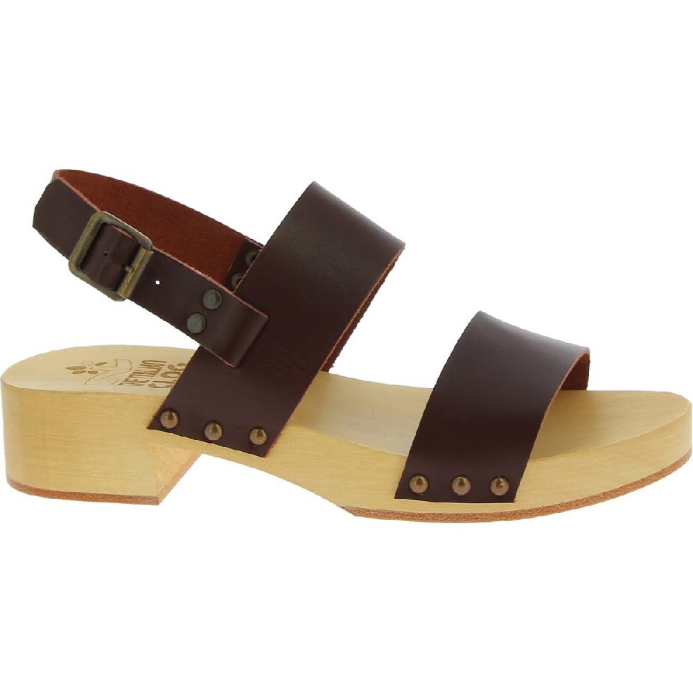Lartigiano Del Cuoio Zoccoli donna in legno con fasce in pelle marrone scuro Sottocosto
