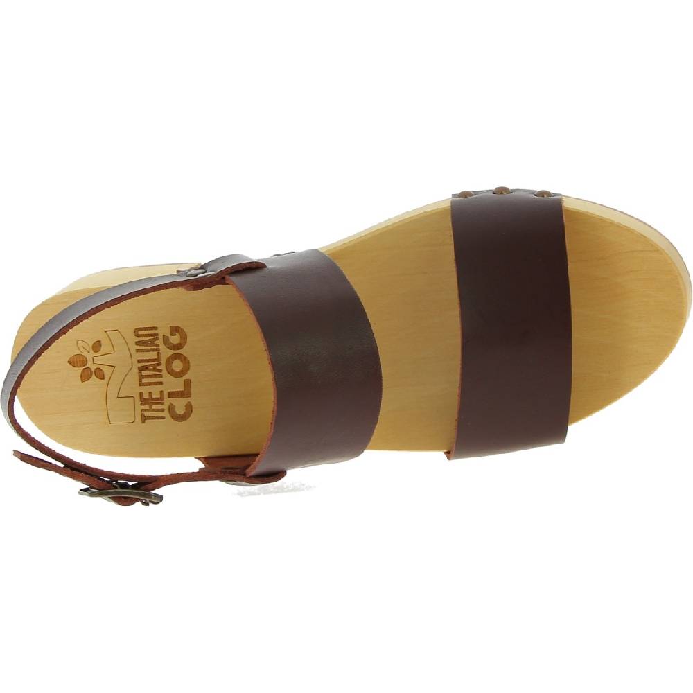 Lartigiano Del Cuoio Zoccoli donna in legno con fasce in pelle marrone scuro Sottocosto