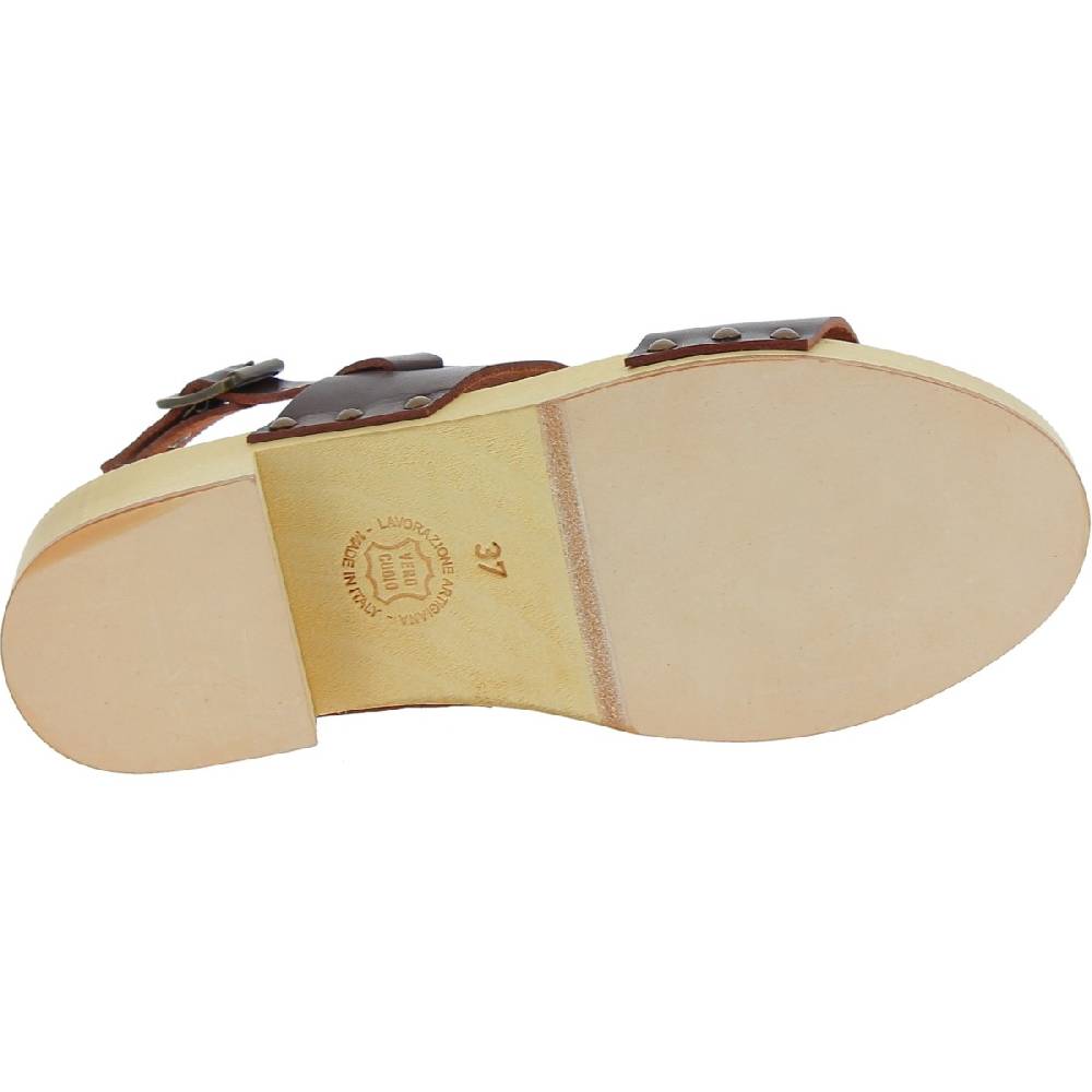 Lartigiano Del Cuoio Zoccoli donna in legno con fasce in pelle marrone scuro Sottocosto