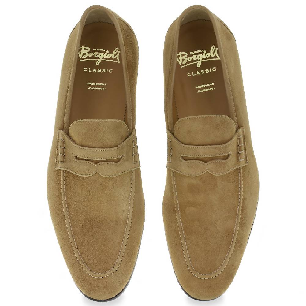 Lartigiano Del Cuoio Mocassino penny in camoscio beige realizzato a mano da Fratelli Borgioli Outlet