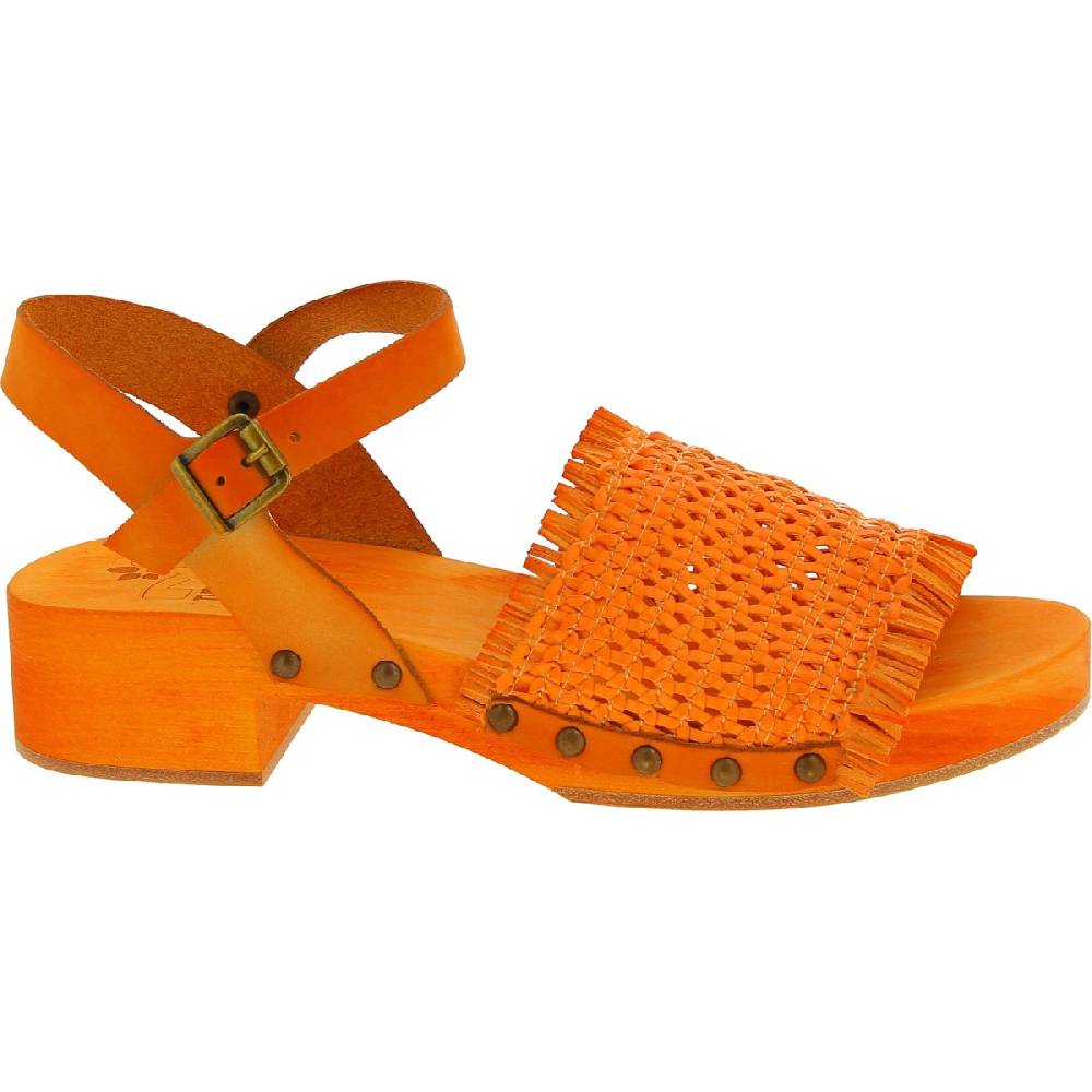 Lartigiano Del Cuoio Zoccolo da donna arancio in legno con fascia in vera pelle intrecciata Vendite stagionali