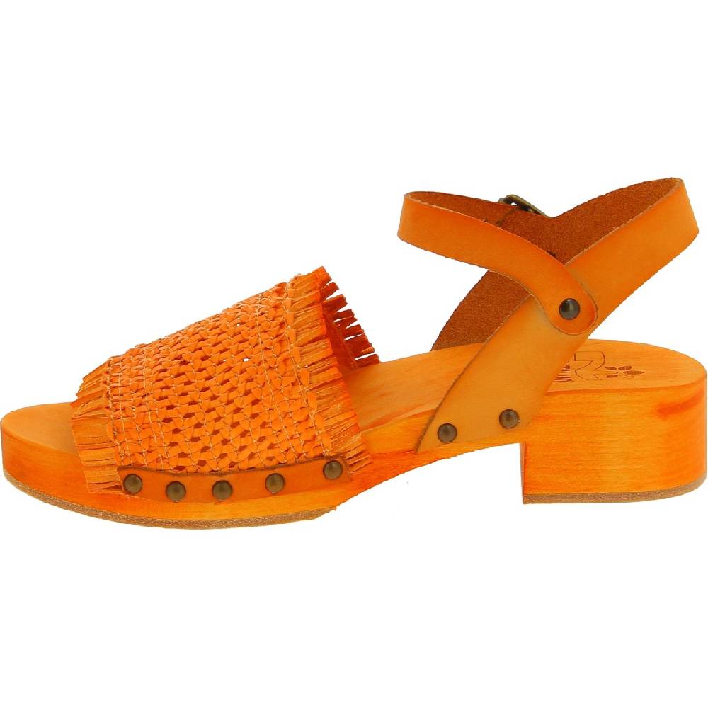 Lartigiano Del Cuoio Zoccolo da donna arancio in legno con fascia in vera pelle intrecciata Vendite stagionali