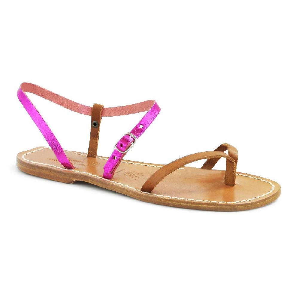 Lartigiano Del Cuoio Sandali infradito donna bicolore fucsia e cuoio