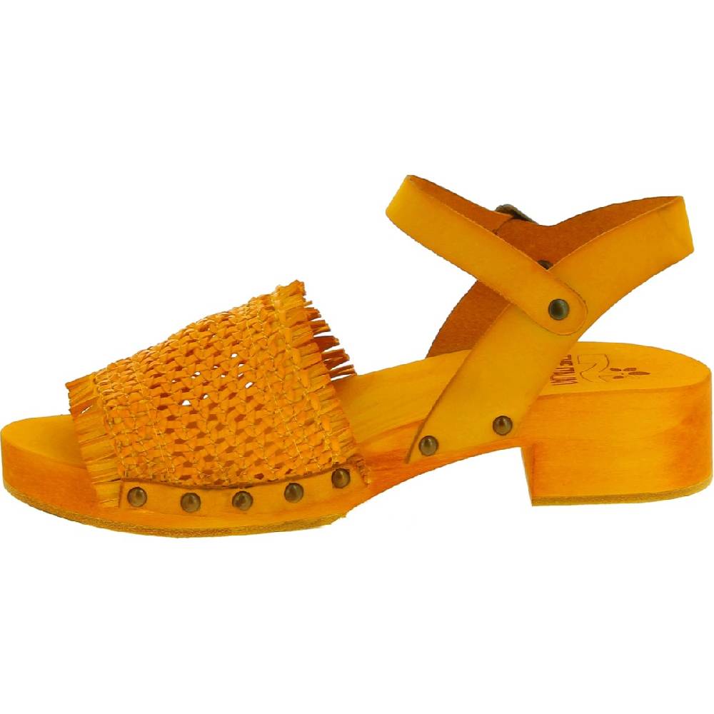 Lartigiano Del Cuoio Zoccolo da donna giallo in legno artigianali con fascia in pelle intrecciata Offerta per la Festa della Mamma