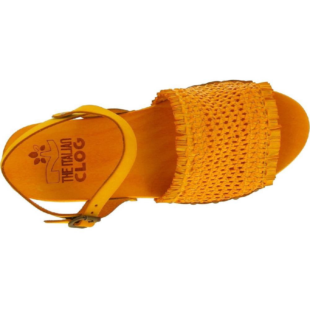 Lartigiano Del Cuoio Zoccolo da donna giallo in legno artigianali con fascia in pelle intrecciata Offerta per la Festa della Mamma