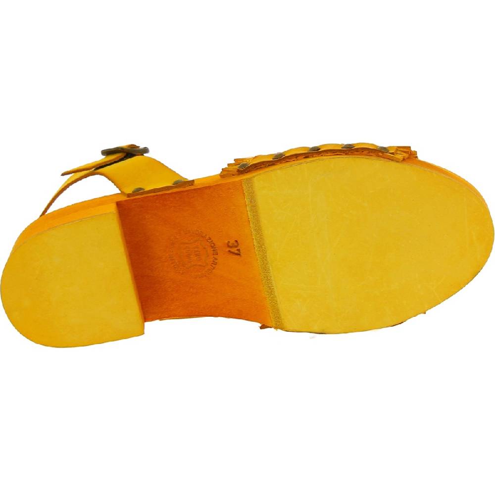 Lartigiano Del Cuoio Zoccolo da donna giallo in legno artigianali con fascia in pelle intrecciata Offerta per la Festa della Mamma