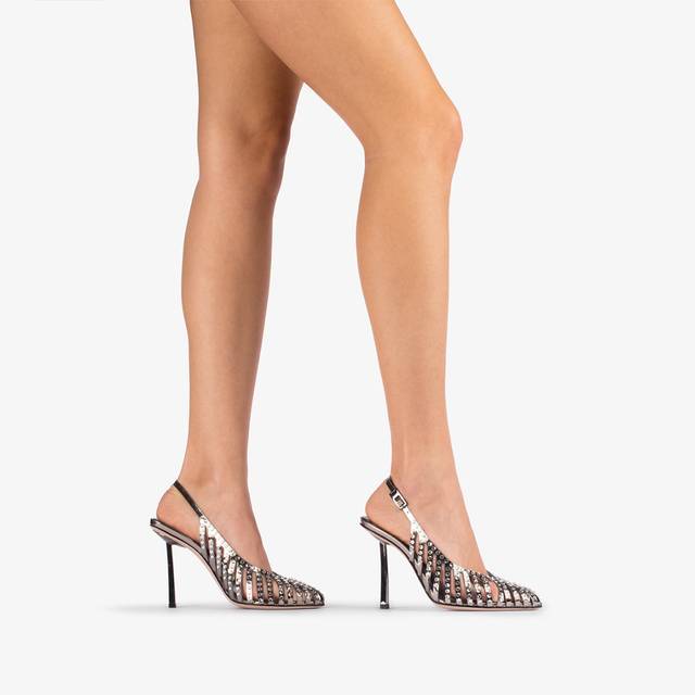 Le Silla Slingback gioiello con listini metallizzata peltro e Cristalli Outlet