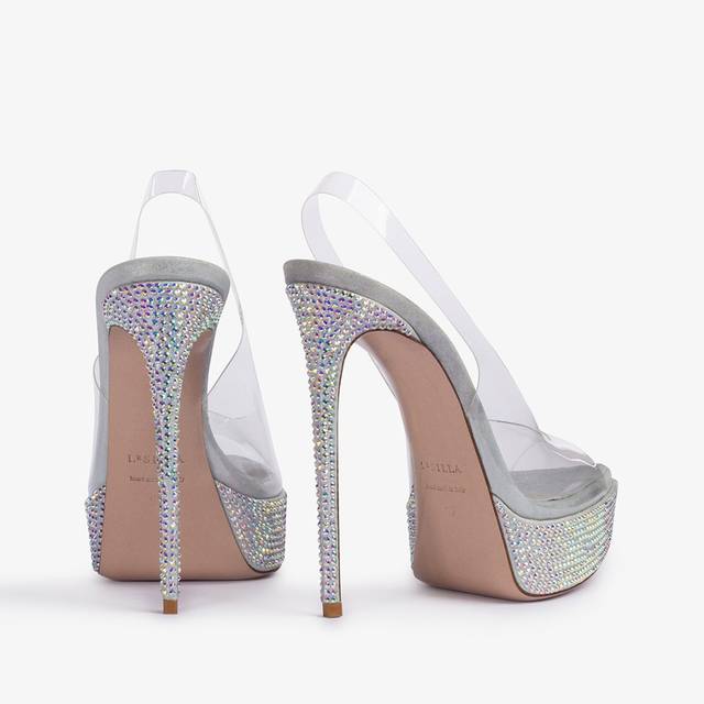 Le Silla Sandalo slingback con plateau plexy e Cristalli argento Offerte