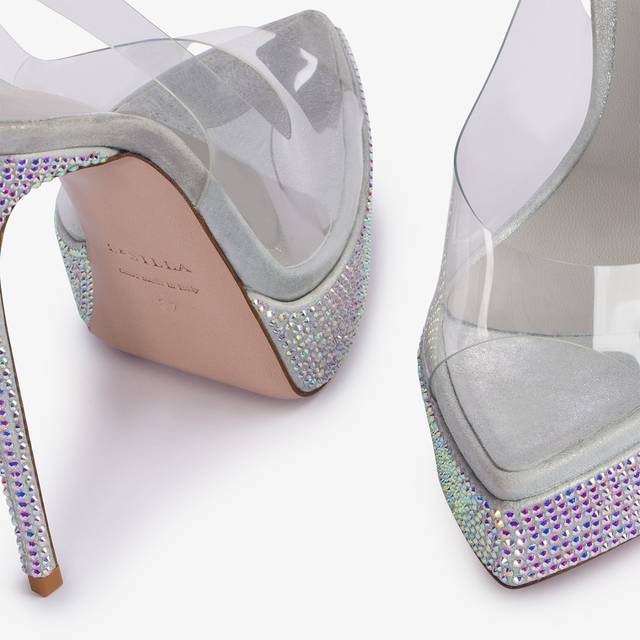 Le Silla Sandalo slingback con plateau plexy e Cristalli argento Offerte