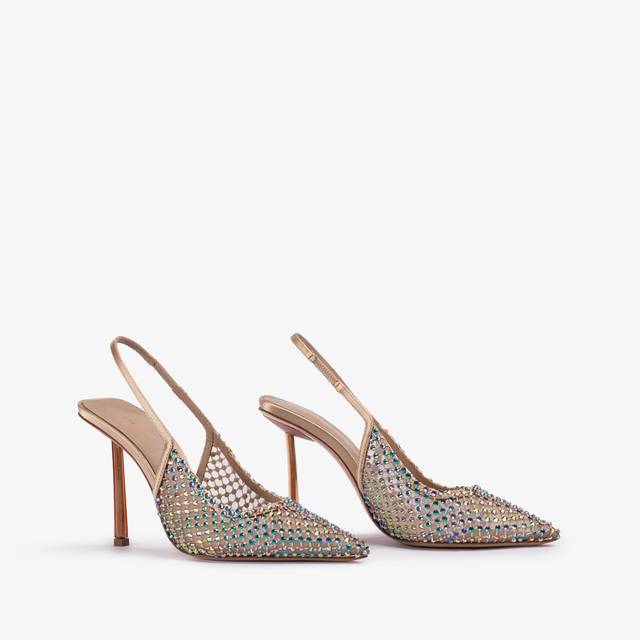 Le Silla Slingback gioiello rete oro e Cristalli iridescenti Nuovo
