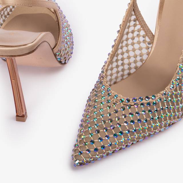 Le Silla Slingback gioiello rete oro e Cristalli iridescenti Nuovo