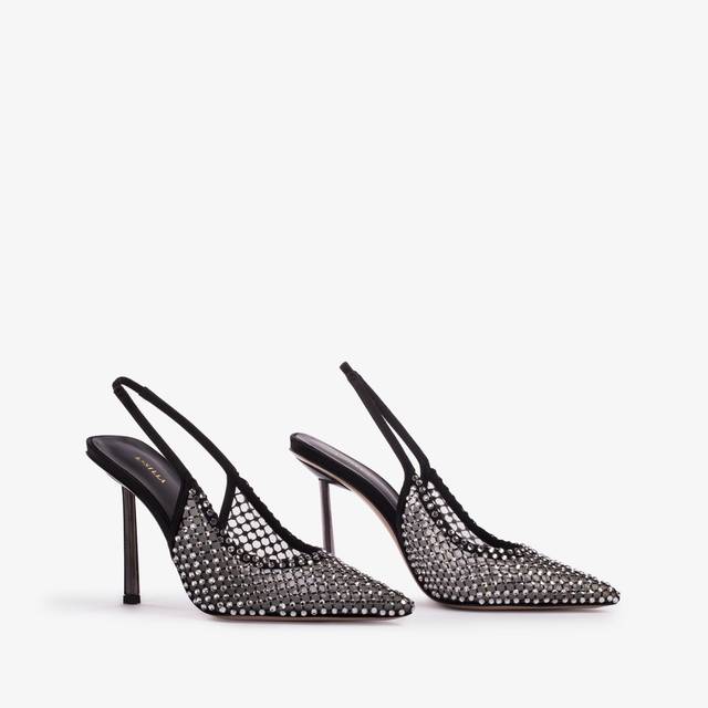 Le Silla Slingback gioiello rete nera e Cristalli argento Qualità