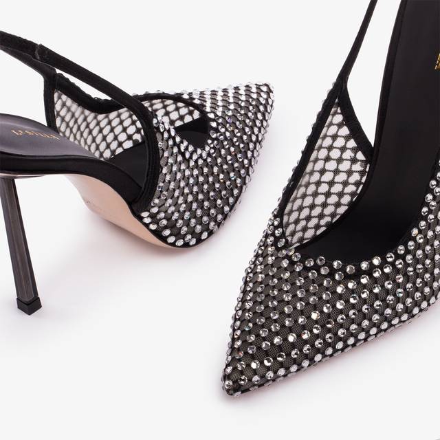 Le Silla Slingback gioiello rete nera e Cristalli argento Qualità