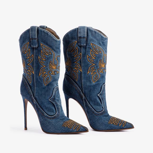Le Silla Stivaletto d'ispirazione Western denim blu Sottocosto