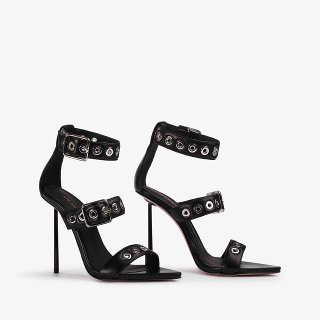 Le Silla Sandalo pelle nero con occhielli argento Qualità