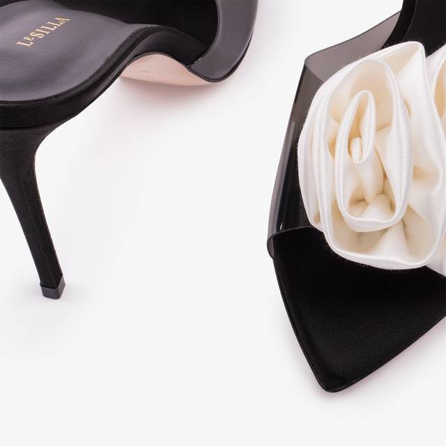 Le Silla Sandalo mule gioiello raso e plexy nero e bianco Pezzi Unici