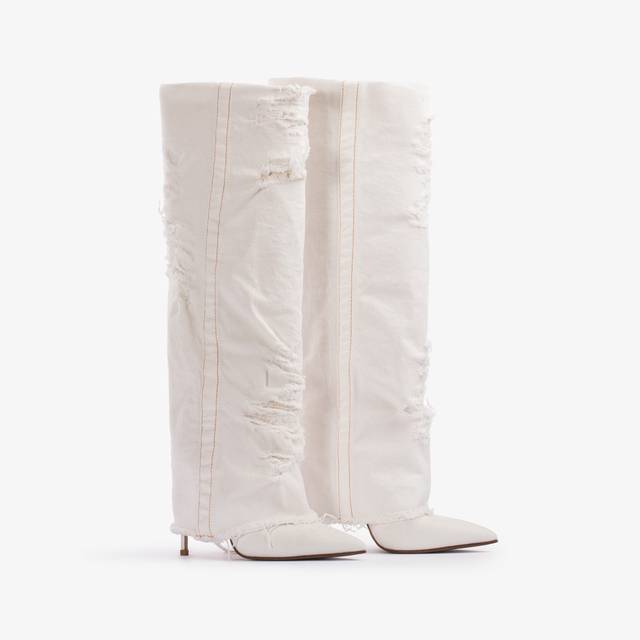 Le Silla Stivale al ginocchio con risvolto denim bianco distressed Economico