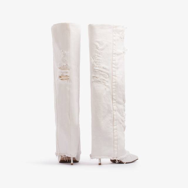 Le Silla Stivale al ginocchio con risvolto denim bianco distressed Economico