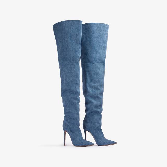 Le Silla Stivale sopra al ginocchio denim oversize blu Nuovo