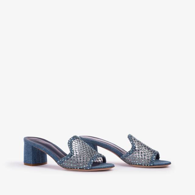 Le Silla Sandalo mule gioiello rete blu denim con Cristalli Ritorno libero