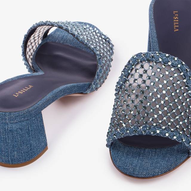 Le Silla Sandalo mule gioiello rete blu denim con Cristalli Ritorno libero