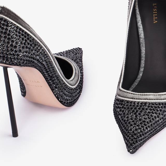 Le Silla Décolleté gioiello denim nera e Cristalli Italy