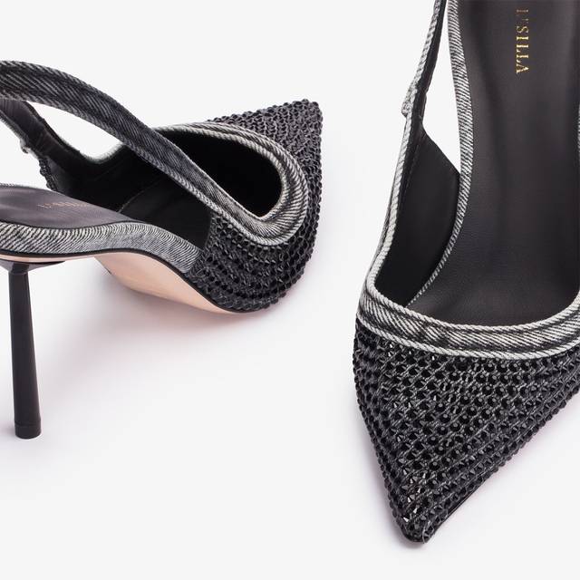 Le Silla Slingback gioiello denim nera e Cristalli Italia