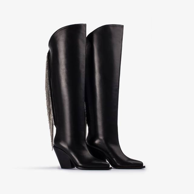 Le Silla Stivale al ginocchio d'ispirazione Western nappa nera con frange argento Shopping online