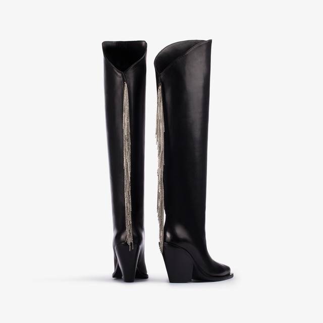 Le Silla Stivale al ginocchio d'ispirazione Western nappa nera con frange argento Shopping online