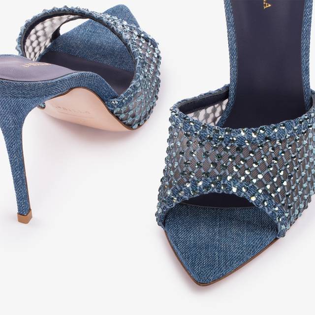 Le Silla Sandalo mule gioiello rete blu denim con Cristalli Offerta speciale della fabbrica