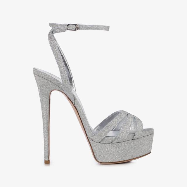 Le Silla Sandalo con plateau tessuto glitterato argento Limitato a 3 giorni