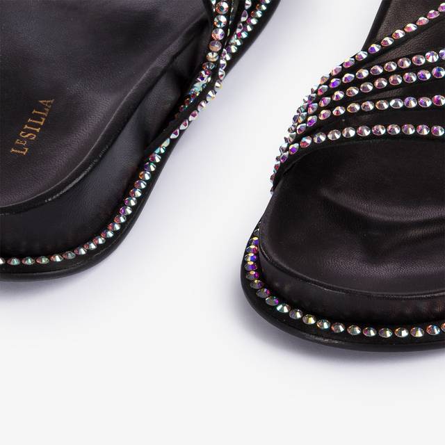 Le Silla Sandalo con plateau raso nero e Cristalli Sconto di tempo limitato