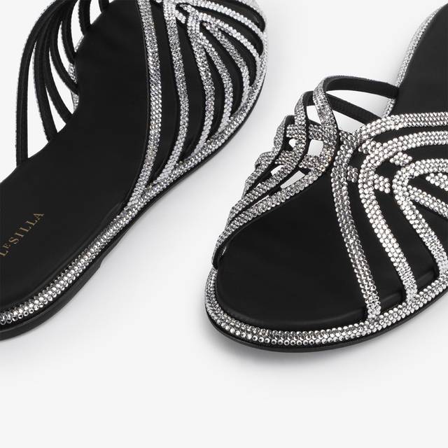 Le Silla Sandalo raso nero con Cristalli argento Offerta Anniversario
