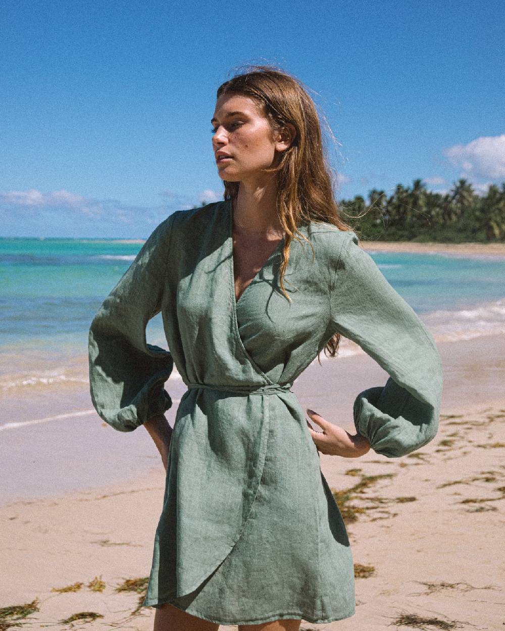 Manebí Linen Caracas Dress - Mineral Green Shopping Online