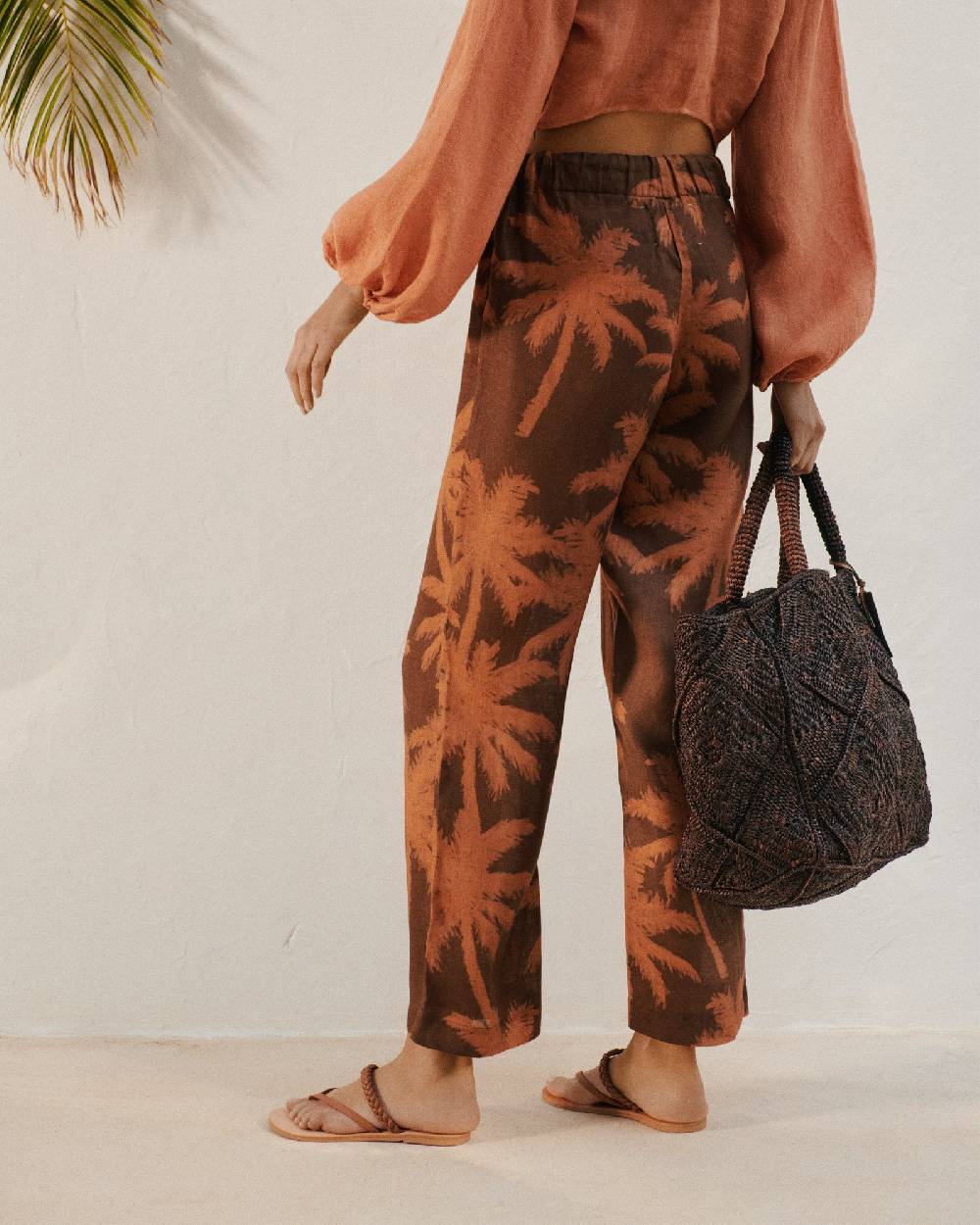 Manebí Printed Linen Belem Trousers - Cocoa And Orange Rust Maxi Palm Saldi