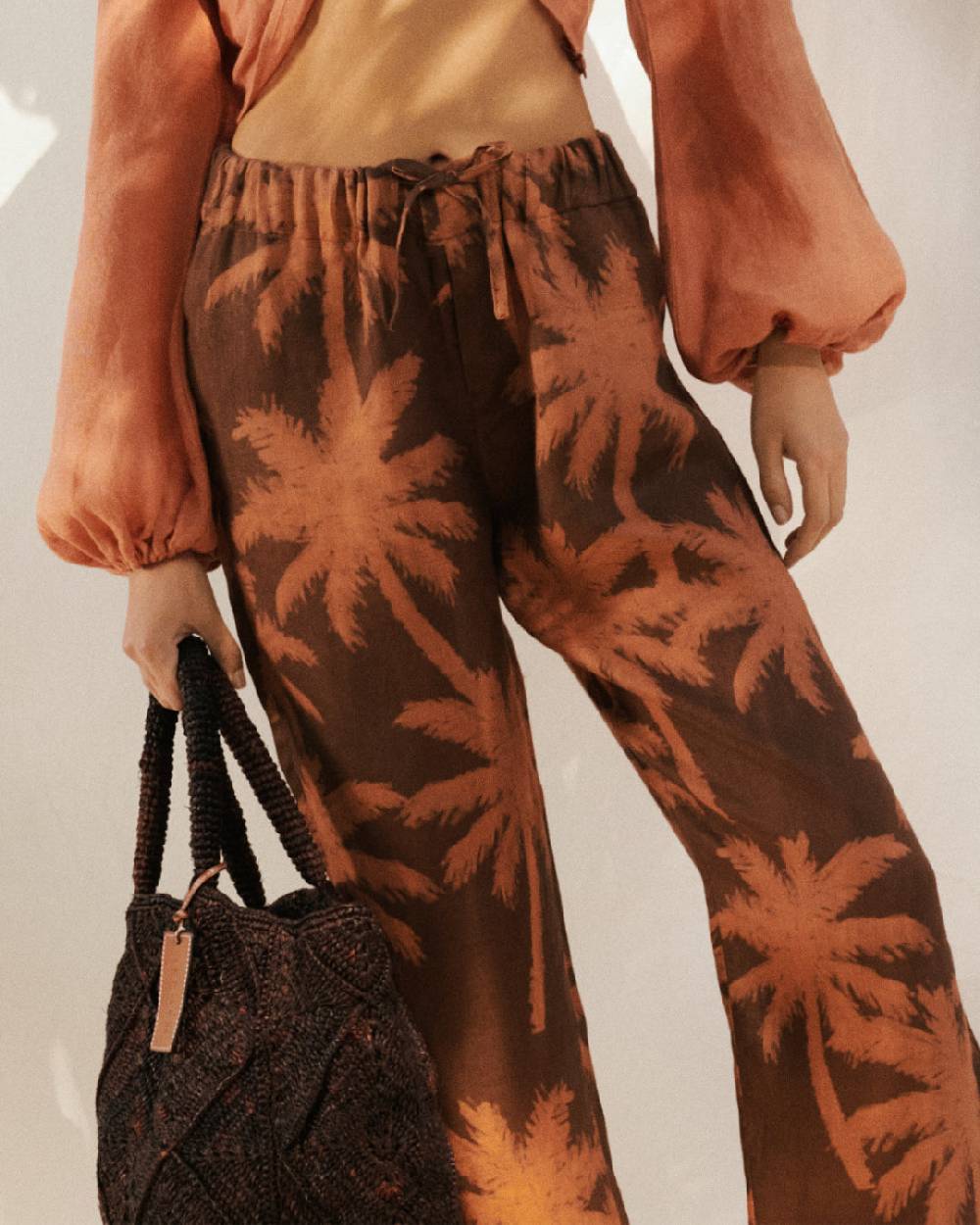 Manebí Printed Linen Belem Trousers - Cocoa And Orange Rust Maxi Palm Saldi
