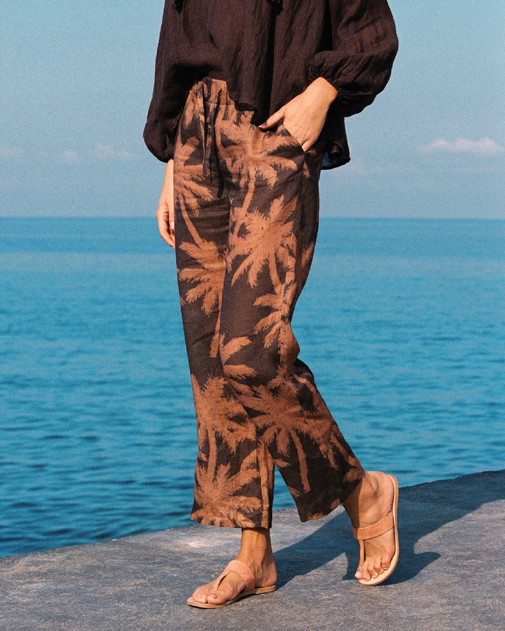 Manebí Printed Linen Belem Trousers - Cocoa And Orange Rust Maxi Palm Saldi