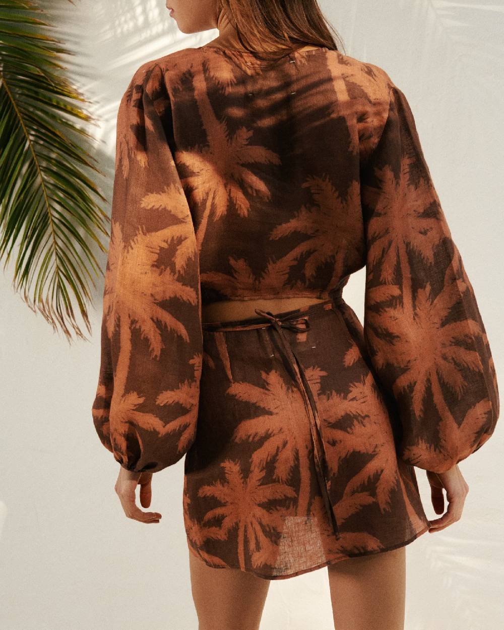 Manebí Printed Linen Antigua Top - Cocoa And Orange Rust Maxi Palm In Linea