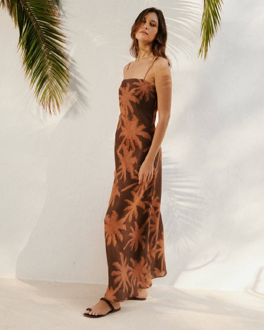 Manebí Printed Linen Cuzco Dress - Cocoa And Orange Rust Maxi Palm 2025