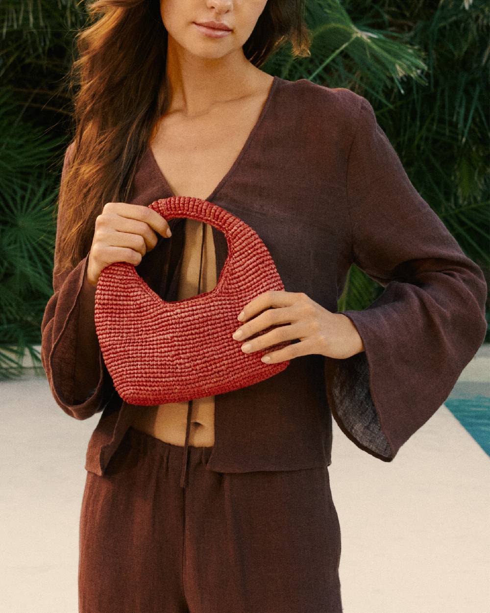 Manebí Raffia Halfmoon Bag - Rust Promozione