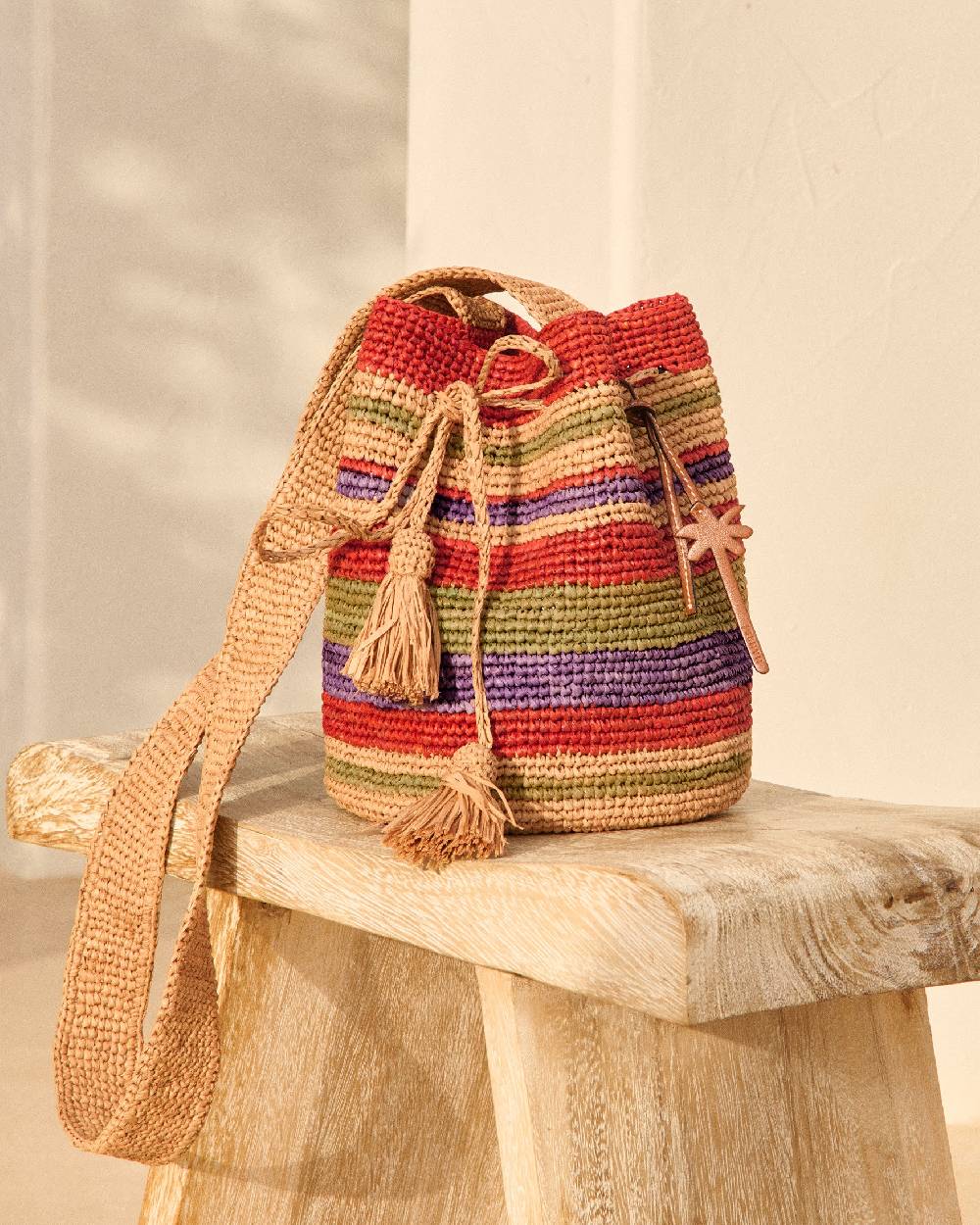 Manebí Raffia Beach Bucket - Rust Tan Mineral Green Summer Purple Stripes Online