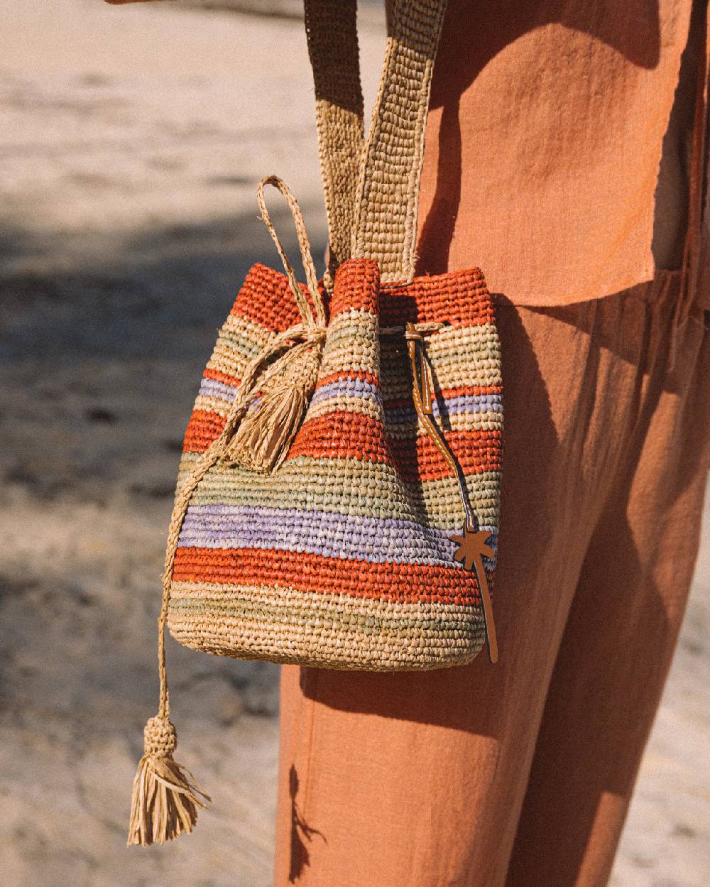 Manebí Raffia Beach Bucket - Rust Tan Mineral Green Summer Purple Stripes Online