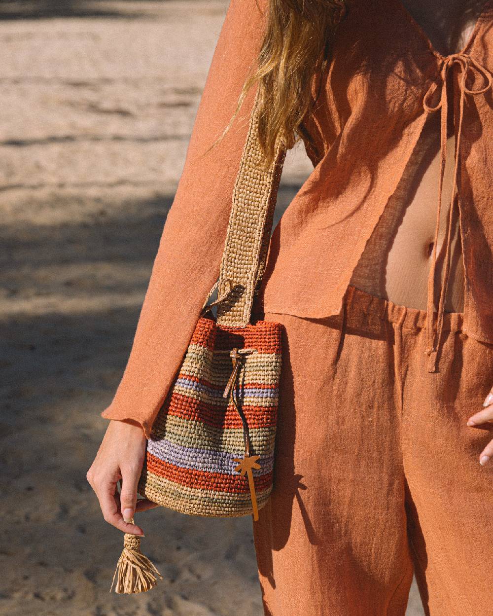 Manebí Raffia Beach Bucket - Rust Tan Mineral Green Summer Purple Stripes Online