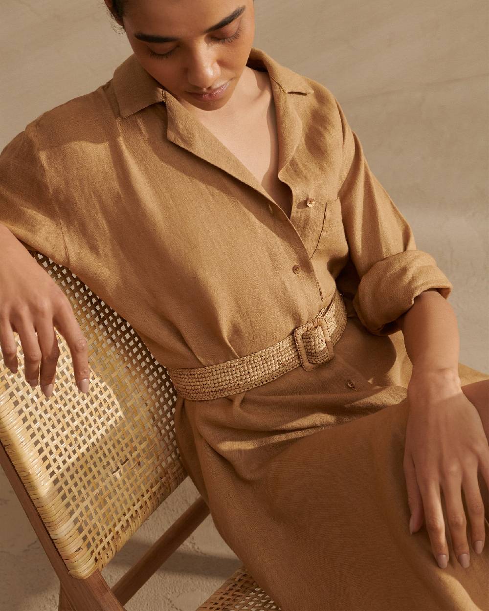 Manebí Natural Raffia Belt - Square Buckle - Tan Vendita Economica