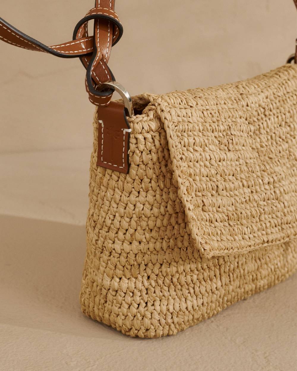 Manebí Raffia Summer Night Bag Medium - Leather Handle \u0026 Palm Leather Tag Natural and Brown Negozio