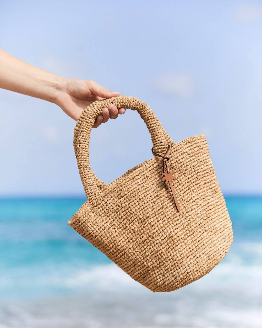 Manebí Raffia Summer Bag Medium - Palm Leather Tag Tan In Saldo