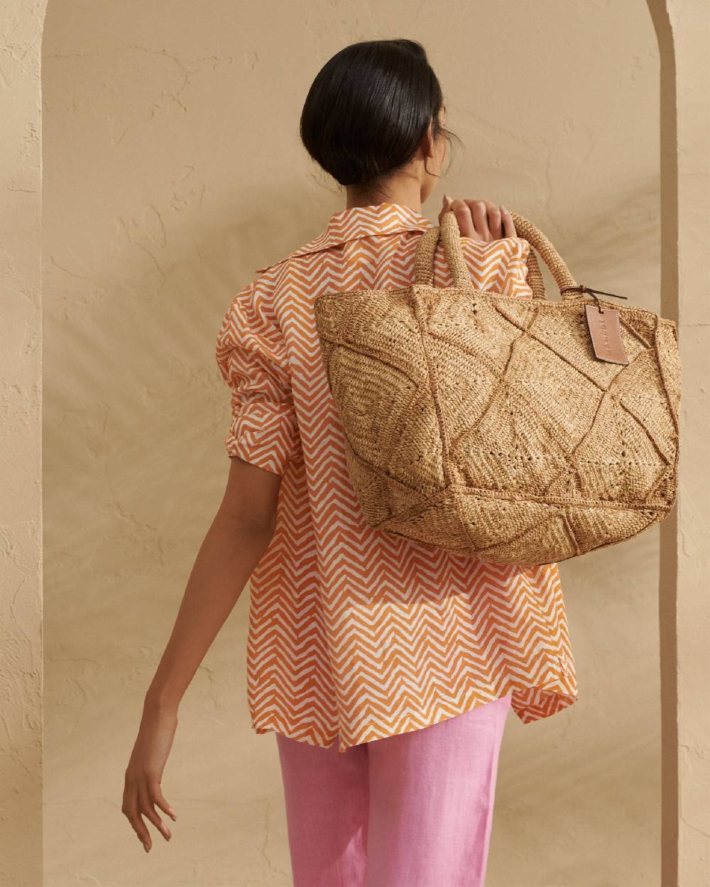 Manebí Raffia Crochet Sunset Bag Large - Tan Prezzo di fabbrica