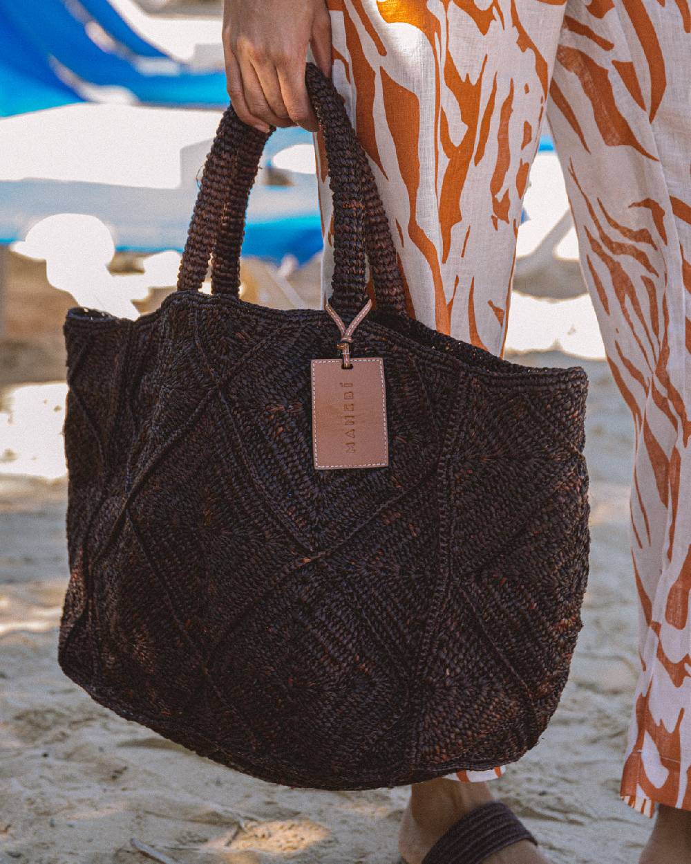 Manebí Raffia Crochet Sunset Bag Large - Chocolate Italy